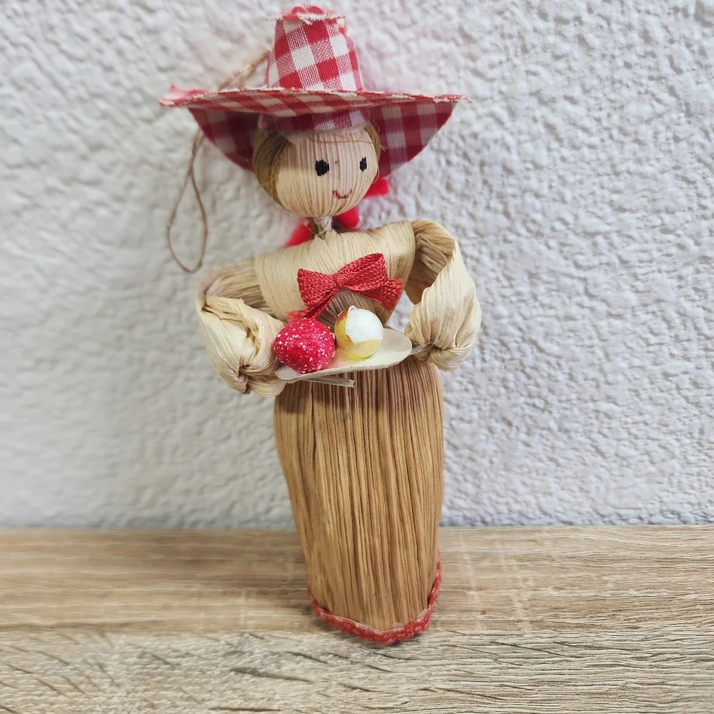 MCM VINTAGE Straw Mouse Scarecrow Corn Husk Lady Christmas Ornament Lot